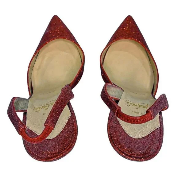 Christian Louboutin Ever 100 Red Glitter Slingback Heels EU 37.5 Sparkly Pumps - Picture 11 of 13